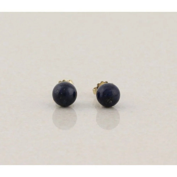 14k Yellow Gold Blue Lapis Lazuli 7mm Ball Bead Earrings Stud Post - Picture 1 of 8